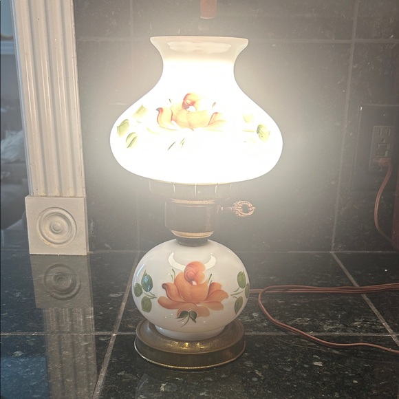 Hand-Painted Floral Milk Glass Table Lamp - Orange Rose - Picture 4 of 6
